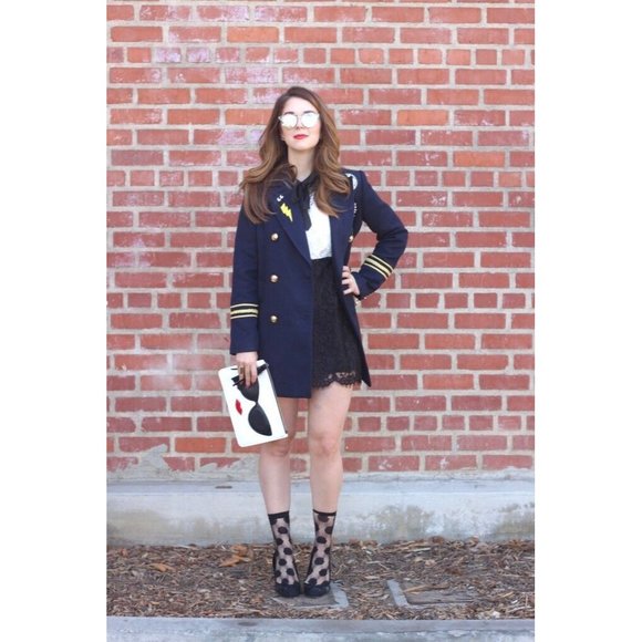 Cambridge Dry Goods Co Womens Blazer Wool Blend Military Look Jacket 8 Navy Gold - Picture 2 of 11